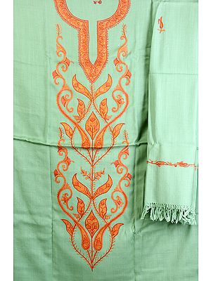 Grass-Green Salwar Kameez Fabric from Kashmir with Aari Embroidery by Hand