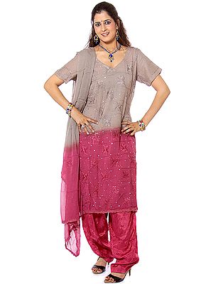 Gray and Magenta Salwar Kameez Suit with Crewel Embroidery and Sequins