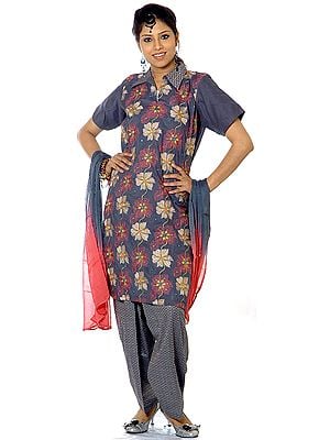 Gray Salwar Suit Fabric with All-Over Floral Aari Embroidery and Crystals
