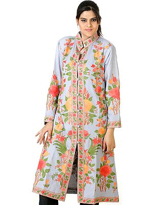 Grayish-Blue Long Jacket with All-Over Floral Embroidery