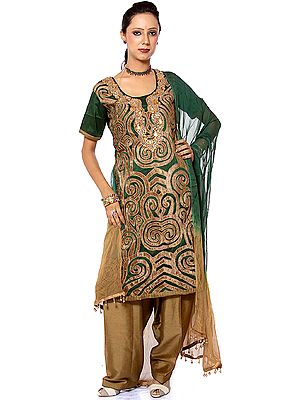 Green and Golden Choodidaar Suit with Appliqué Work and Embroidered Beads