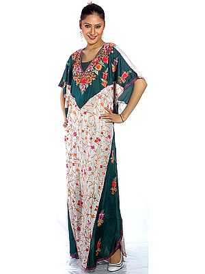 Green and Ivory V-Neck Kaftan with Crewel Embroidery All-Over