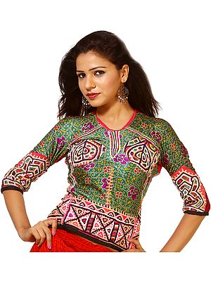 Green Antiquated Backless Choli from Kutch with Rabari Embroidery