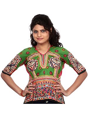 Green Antiquated Backless Choli From Kutch with Rabari Embroidery
