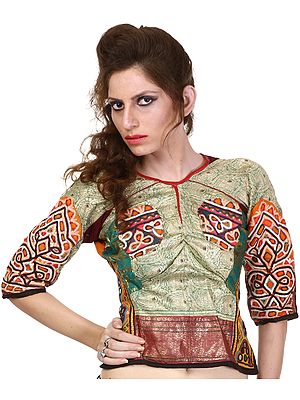 Green Backless Choli From Kutch with Rabari Embroidery and Brocade Weave