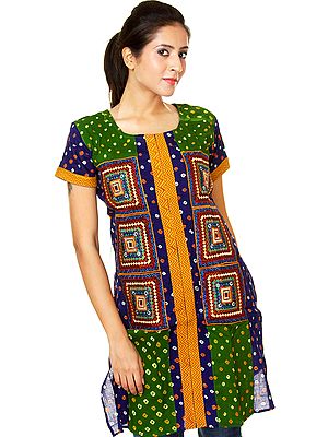 Green Bandhani Tie-Dye Kurti from Gujarat with Applique Work and Mirrors