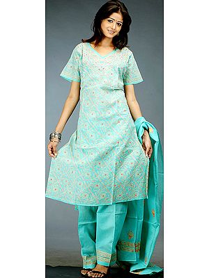 Green Salwar Kameez from Lucknow with All-Over Floral Chikan Embroidery