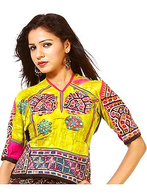 Green-Sheen Antiquated Backless Choli from Kutch with Multi-color Rabari Embroidery