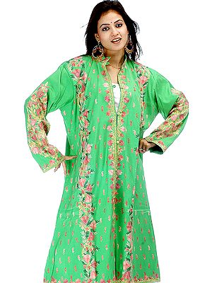 Harlequin Green Long Silk Jacket with Paisley Bootis