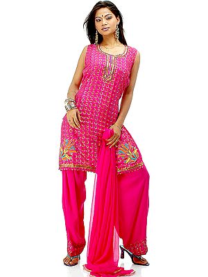 Hot Pink Crepe Suit with All-Over Brass Beads
