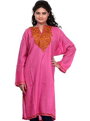 Hot-Pink Kashmiri Phiran with Hand Embroidered Paisleys on Neck