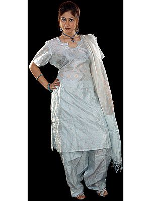 Icy-Blue Kora Silk Salwar Suit from Banaras with All-Over Weave