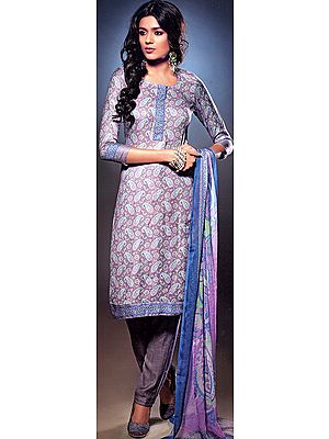 Iron-Brown Salwar Kameez Suit with Printed Paisleys and Flowers
