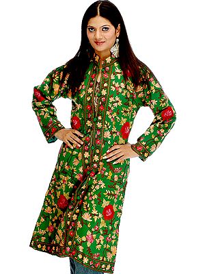 Islamic Green Kashmiri Long Jacket with Floral Embroidery