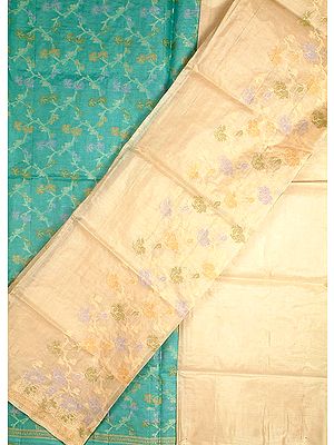 Ivory and Aquamarine Tussar Silk Suit with All-Over Jacquard Weave