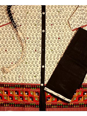 Ivory and Black Printed Suit from Kutch with Multi-Color Embroidery and Mirrors