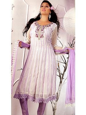 Ivory and Lilac Flared Salwar and Chudidar Suit with Embroidered Lace and Crochet Border
