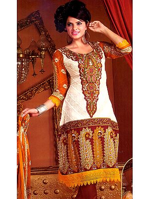 Ivory and Mustard Choodidaar Kameez Suit with Printed Paisleys and Crochet Border