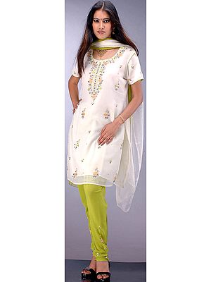 Ivory and Olive Floral Hand-Embroidered Choodidaar Suit