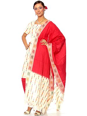 Ivory and Red Choodidaar Suit with Ikat Weave