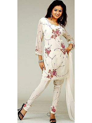 Ivory Choodidaar Suit with Floral Embroidery and Threadwork