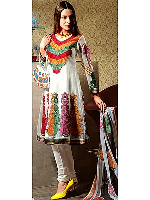 Ivory Choodidaar Suit with Tri-Color Embroidery on Neck and Patch Border