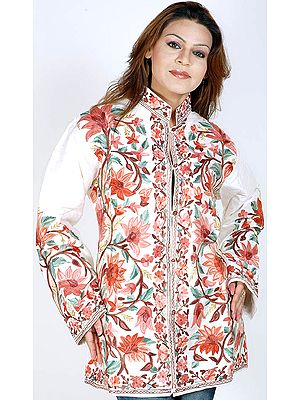 Ivory Crewel Embroidered Jacket from Kashmir