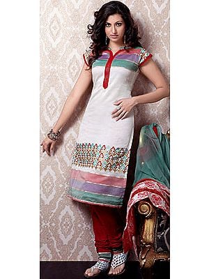 Ivory Designer Churidar Kameez Suit with Tri-Color Patches