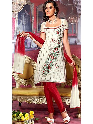 Ivory Designer Choodidaar Suit with Embroidered Giant Paisley and Flowers