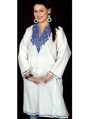 Ivory Kashmiri Phiran with Embroidery in Blue Thread