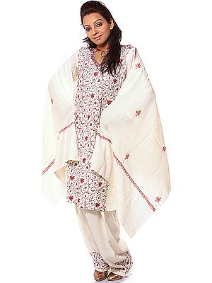 Ivory Kashmiri Salwar Kameez with Sozni Embroidery All-Over