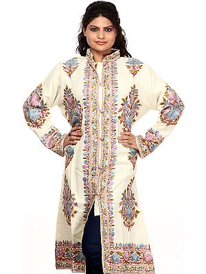 Ivory Long Kashmiri Jacket Aari Embroidered Flowers All-Over