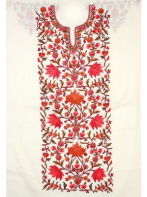 Ivory Two-Piece Salwar Kameez Suit from Kashmir with All-Over Floral Aari Embroidered Flowers by Hand