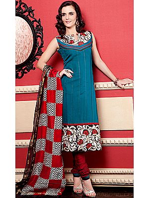 Ivy-Green Printed Chudidar Kameez Suit with Metallic Thread Work and Wide Patch Border