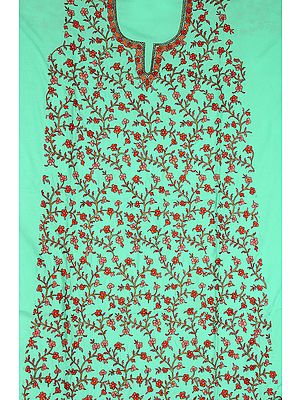 Jade-Cream Two-Piece Salwar Suit from Kashmir with Needle-Embroidered Flowers