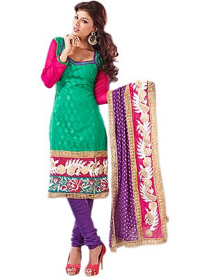 Jelly-Bean Green Choodidaar Kameez Suit with Wide Embroidered Floral Border and Self-Weave