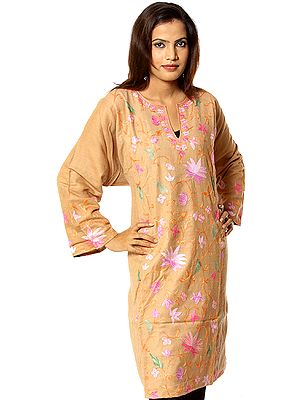 Khaki Kashmiri Phiran with Embroidered Flowers All-Over