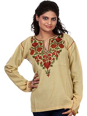 Khaki Kashmiri Short Kurti with Hand Embroidered Flowers on Neck