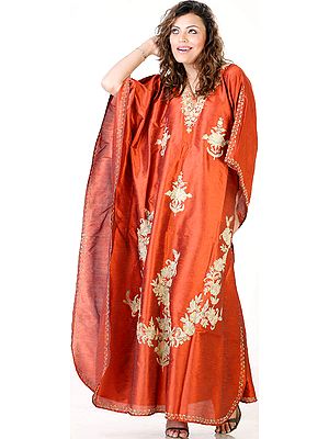 Burnt-Orange Kaftan with Kashmiri Floral Embroidery