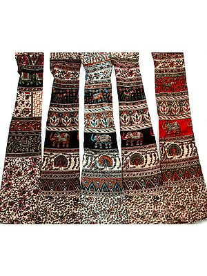 Lot of Five Wrap-Around Sanganeri Skirts with Printed Elephants