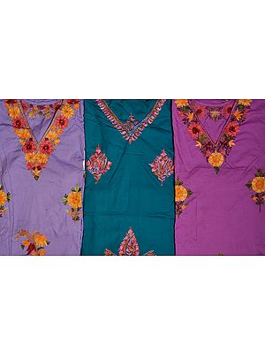 Lot of Three Kashmiri V-Neck Kaftans with Aari Embroidery