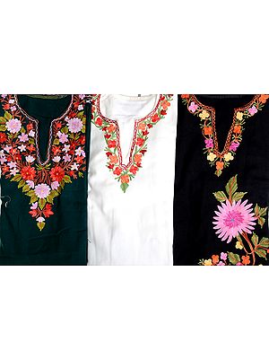 Lot of Three Crewel Embroidered Phirans from Kashmir