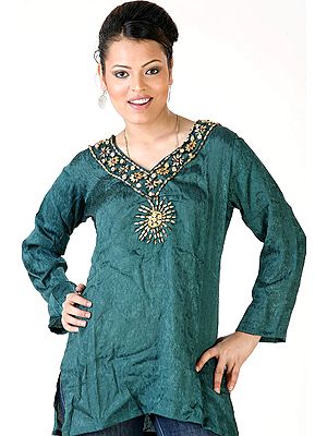 Teal-Green Top with Beadwork and Design in Self