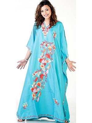 Turquoise-Blue Kaftan from Kashmir with Aari-Embroidered Flowers