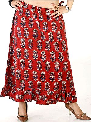 Maroon Sanganeri Draw-string Skirt with All-Over Beads