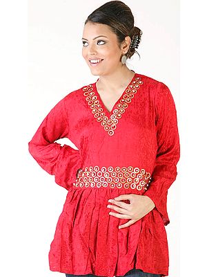 Red Designer Top with Brass Beads and Self-Design