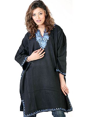 Plain Black Phiran with Phulkari Embroidery on Neck