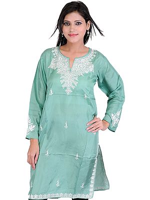 Lagoon Kurti from Kashmir with Aari Embroidery in White Thread