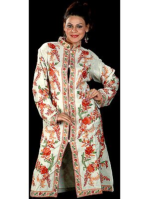 Light-Pastel Green Long Kashmiri Jacket with All-Over Embroidery and Sequins