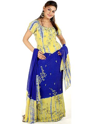 Lime and Blue Batik-Dyed Lehenga Choli with Sequins and Embroidery